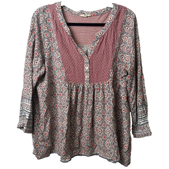 Easel LA Floral Ruffle Peasant Top L Boho Cottagecore Blouse 3/4 Sleeve A43 - Picture 1 of 7